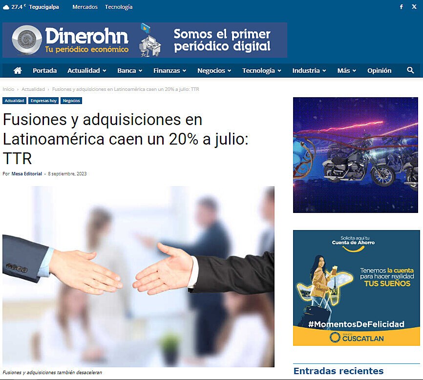 Fusiones y adquisiciones en Latinoamrica caen un 20% a julio: TTR